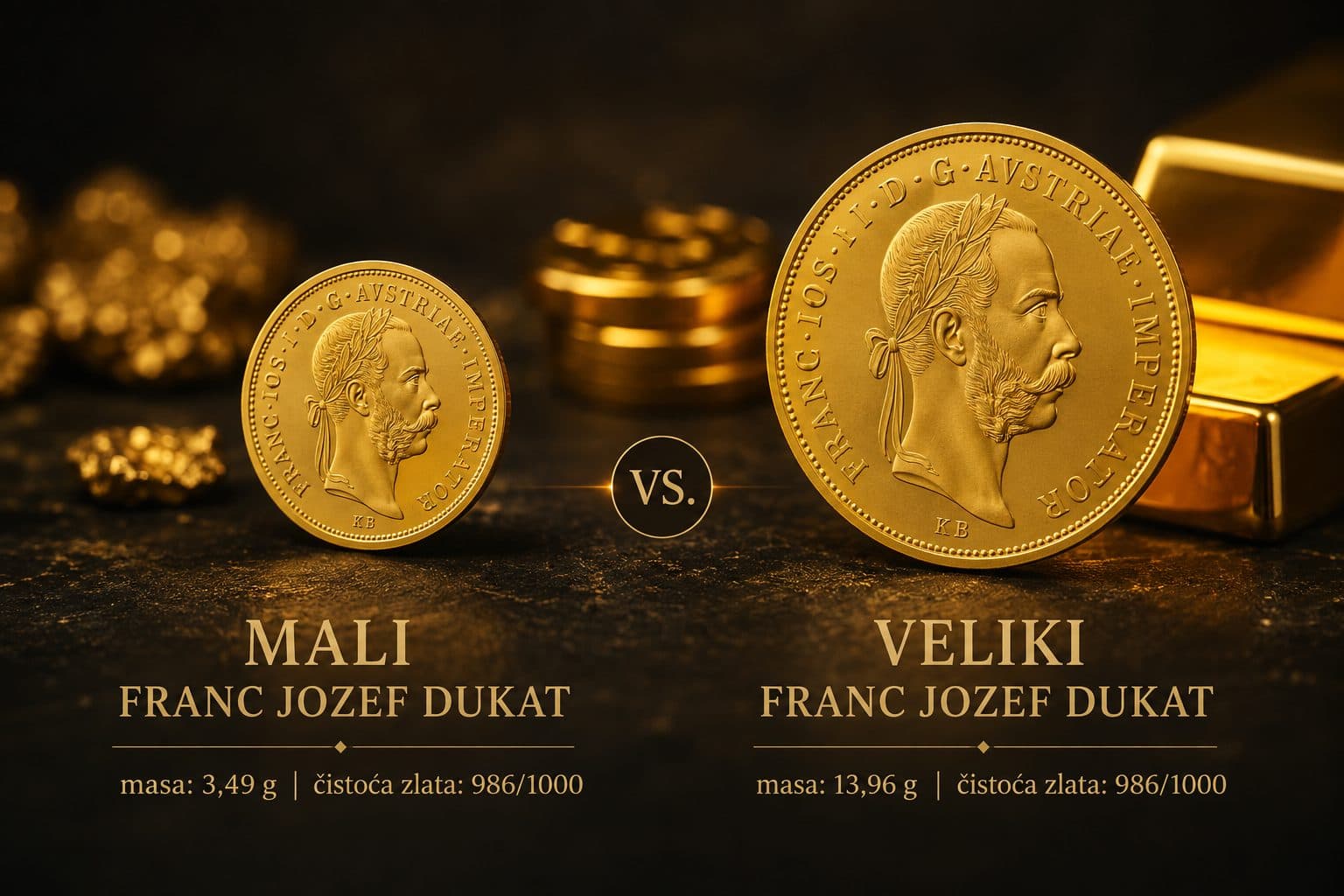 Poređenje malog i velikog Franc Jozef dukata